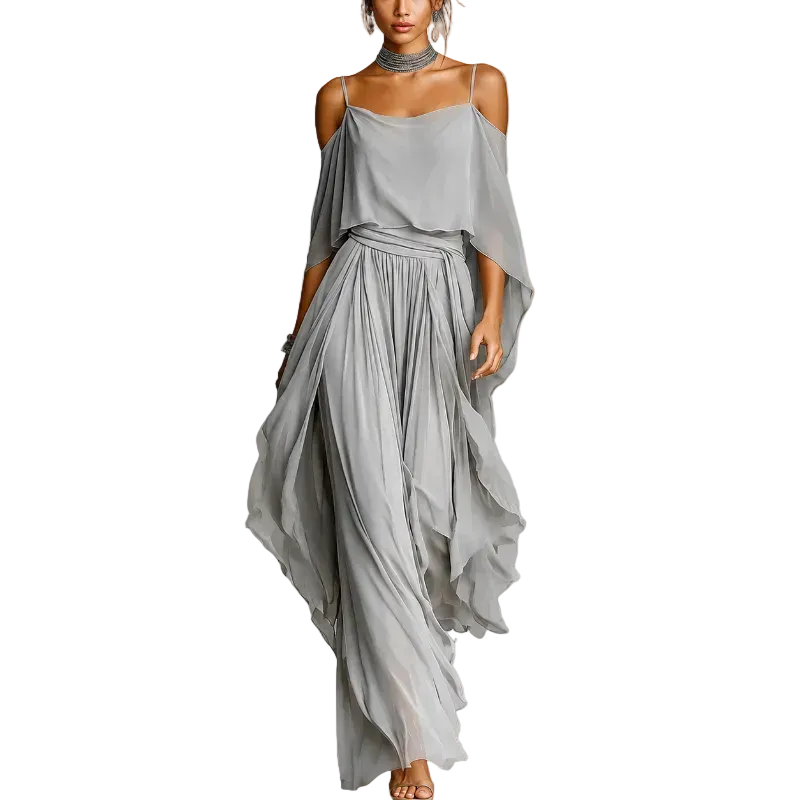 Isabela | Grey Flowing Set with Strappy Top and Light Trousers